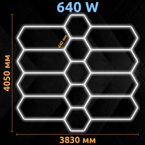 Потолочный светильник соты крупные без рамки 640 Вт от бренда I TREK, свет в гараж, модульное освещение в детейлинг, размеры 3,83х4,05 м