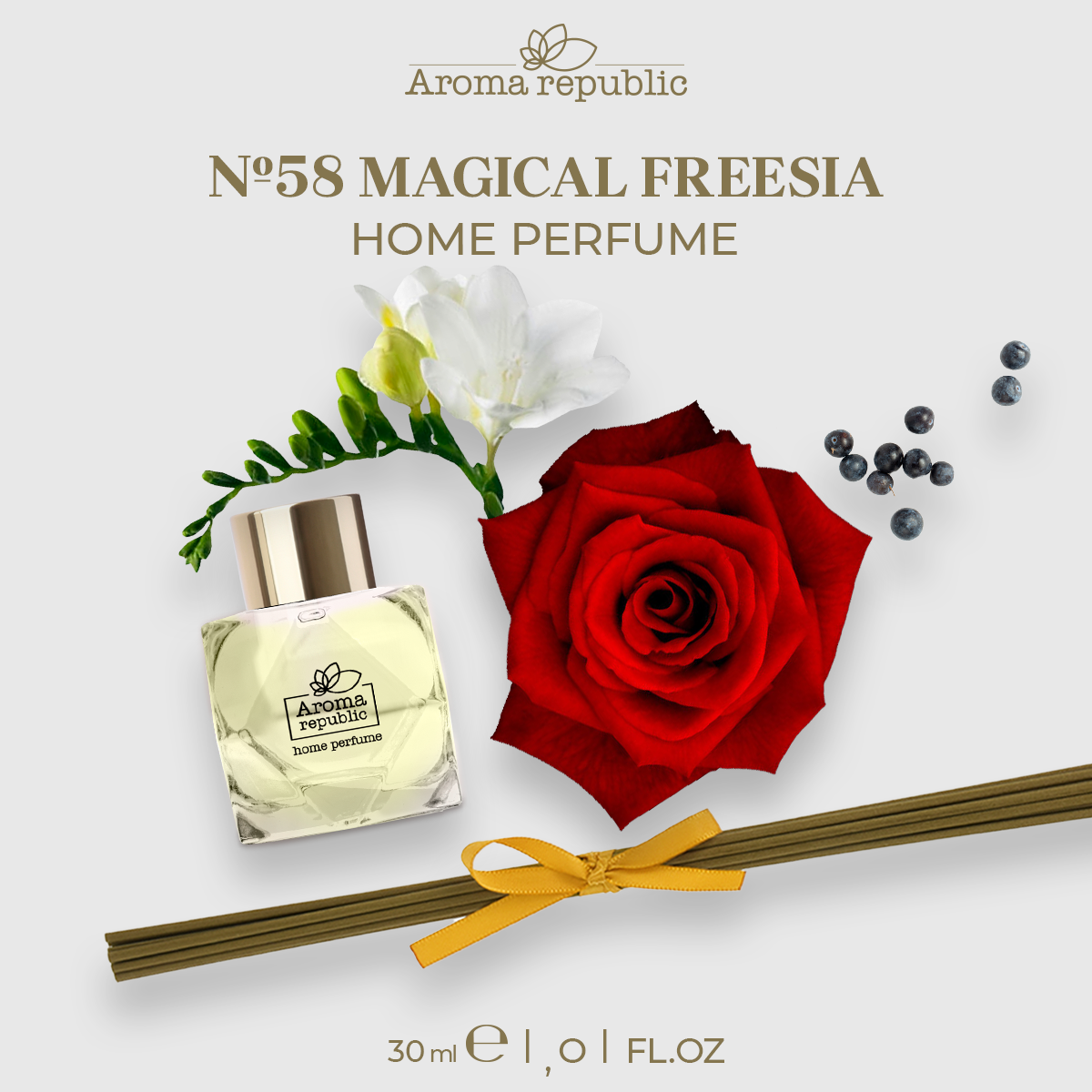 AROMA REPUBLIC Ароматический диффузор в стеклянном флаконе 30 мл,"№58 Magical freesia"