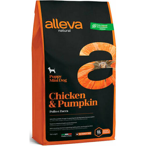 alleva natural puppy chicken Сухой низкозерновой корм ALLEVA NATURAL PUPPY CHICKEN & PUMPKIN для щенков мелких пород с курицей и тыквой, 2 шт по 800 г