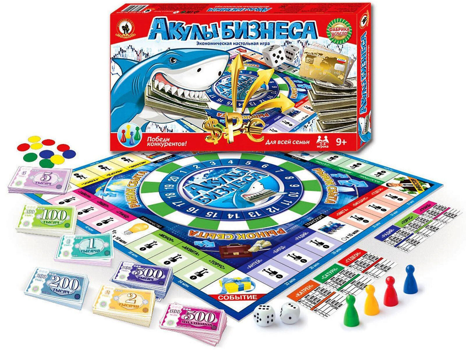 Экономическая настольная игра "Акулы бизнеса", набор с игровым полем и карточками, фишки + кубики