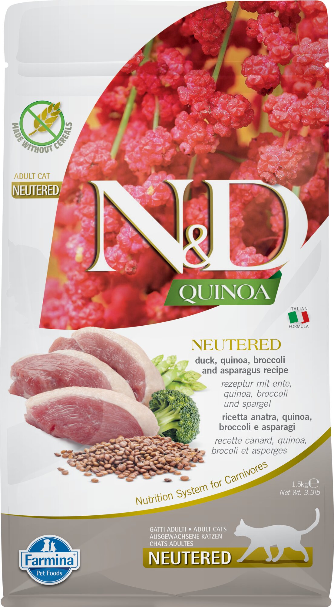 N&D Cat Quinoa с уткой, киноа, брокколи и спаржей беззерновой сухой корм для стерилизованных кошек и кастрированных котов 1,5кг