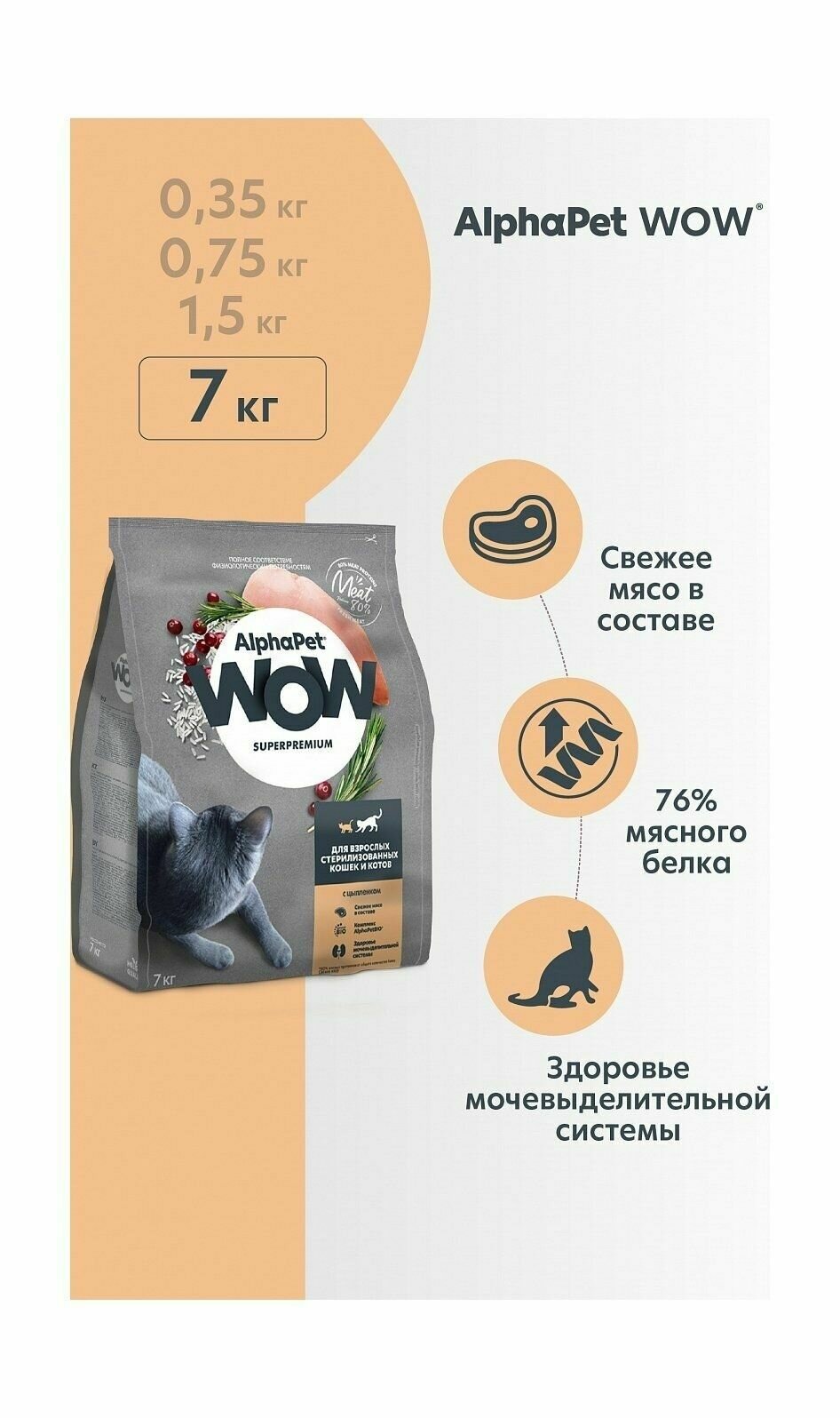 AlphaPet Wow - Сухой корм для взрослых стерилизованных котов и кошек, с Цыпленком (7 кг)