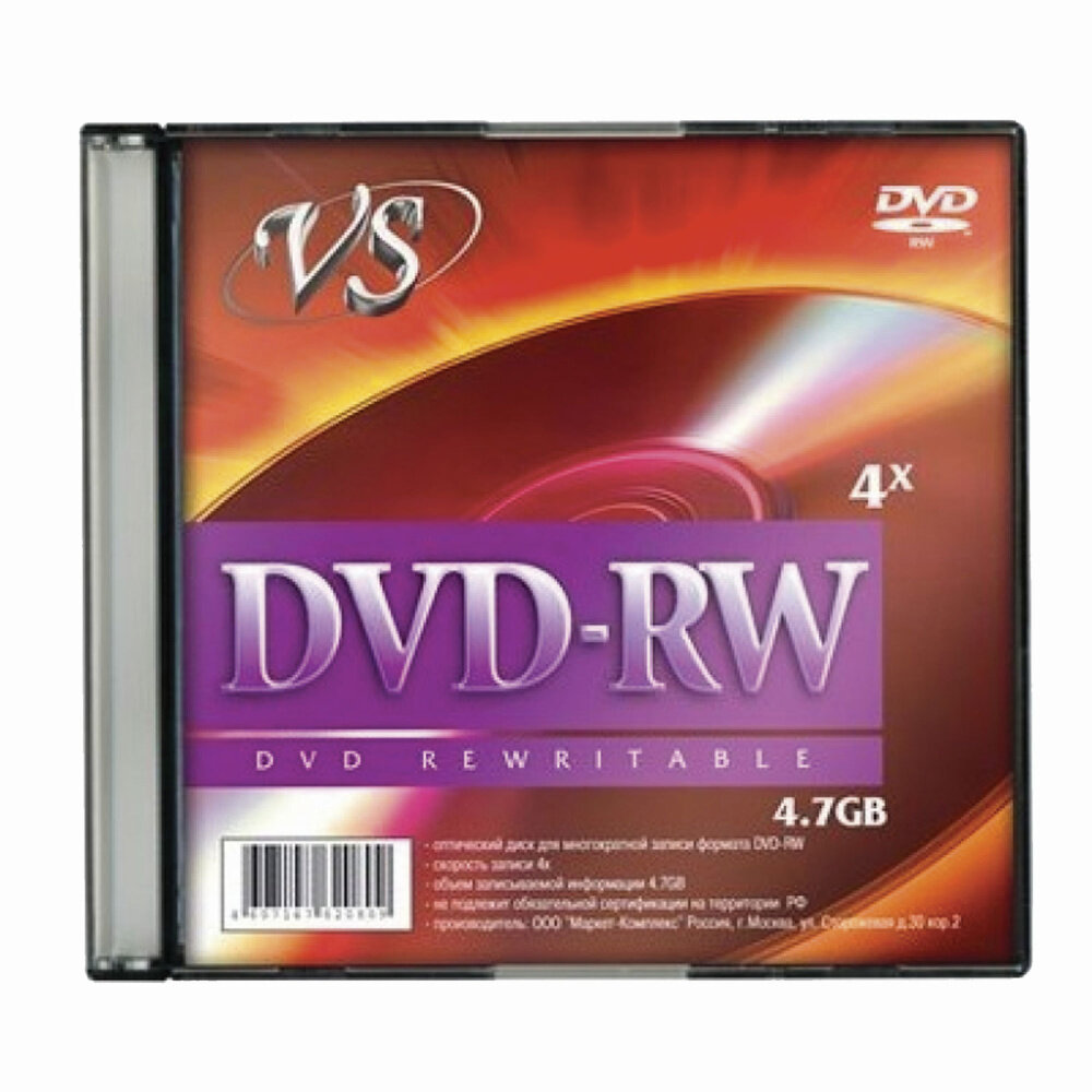 Диск DVD-RW VS, 4,7 Gb, 4x, Slim Case (1 штука), VSDVDRWSL01 упаковка 10 шт.