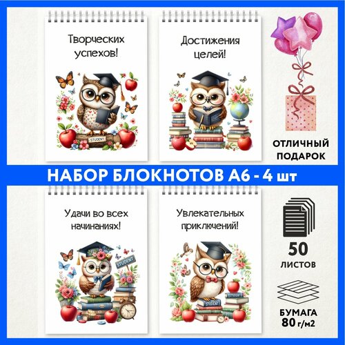 Набор блокнотов А6 - 4 шт подарок выпускнику детского сада на 1 сентября и День Рождения Школьная сова 333 - 2 notepad_school_owls_333_A6_set_2 699₽