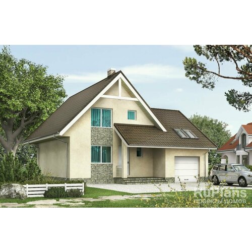 Одноэтажный дом с мансардой, гаражом и террасой (136 м2, 12м x 11м) Rg5263