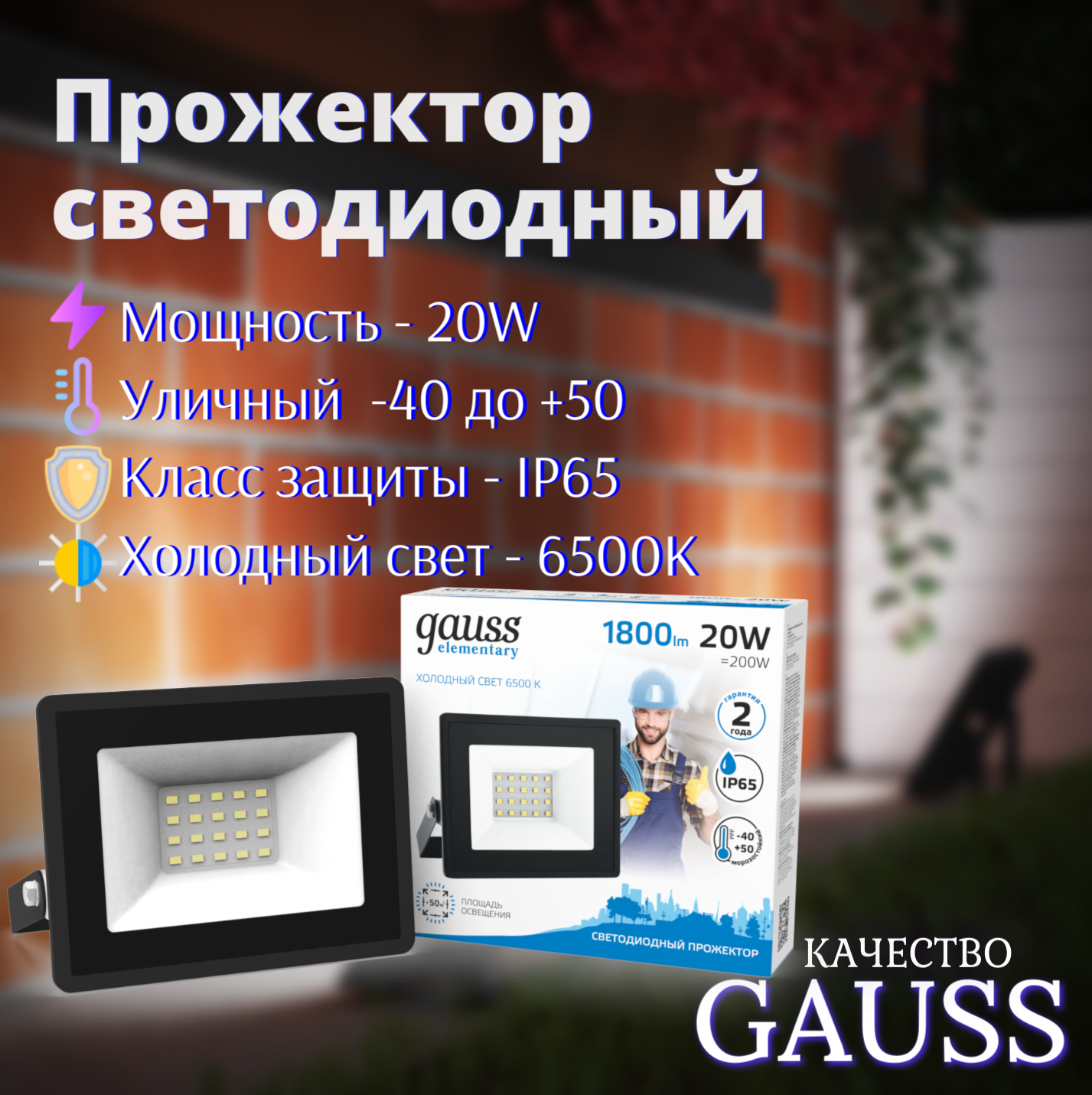 Прожектор LED 20W IP65 холодный свет 6500К черный Gauss Elementary