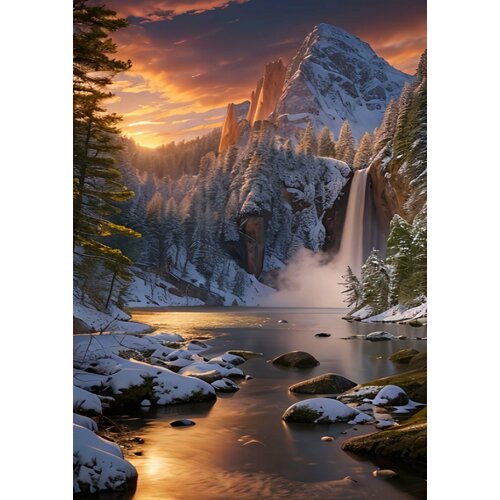 Алмазная мозаика 40x50 см. на холсте с подрамником (картина стразами, алмазная вышивка) Водопад в заснеженных горах