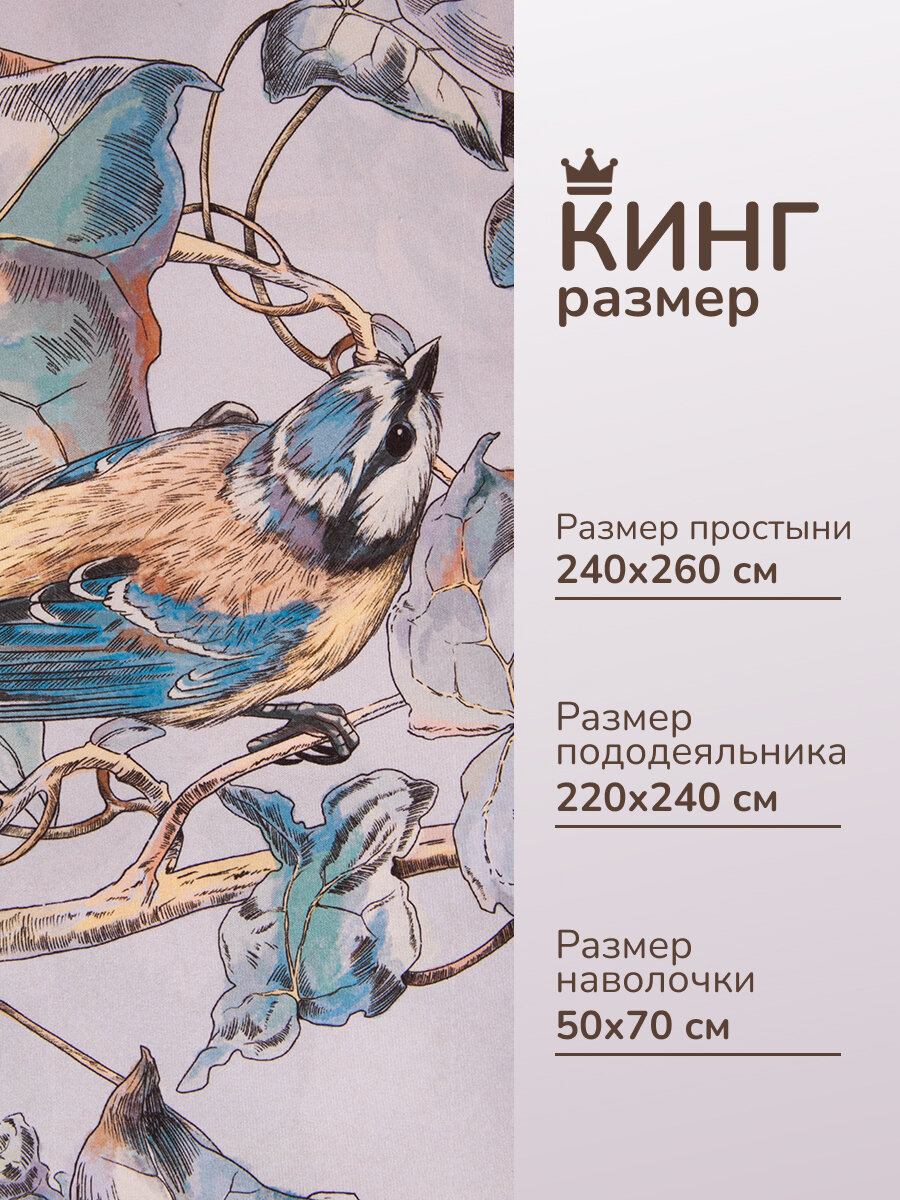 Постельное белье евро макси, Tessolo Home, полисатин, "Птицы на сером " — фото 1