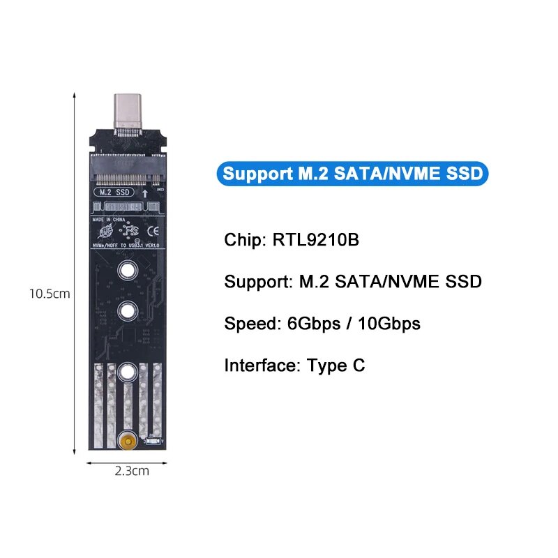 Переходник M.2 на USB 3.0 TYPE C Riser Board NGFF B+M Key 6 Гбит/с M.2 NVME M Key 10 Гбит/с для 2230 2240 2260 2280 M2 SSD, 9210B TYPE C