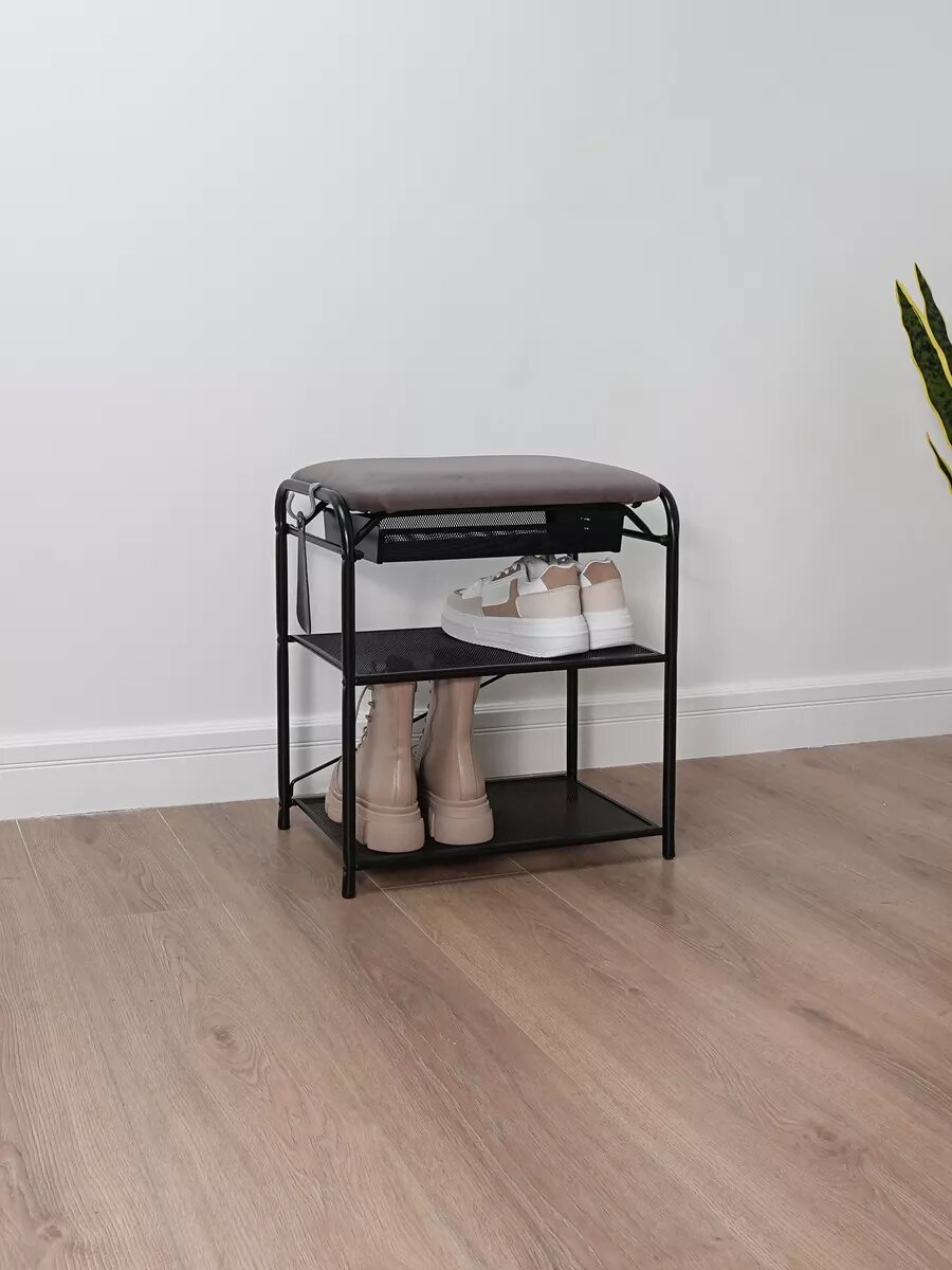 Обувница в прихожую с сиденьем узкая металлическая банкетка