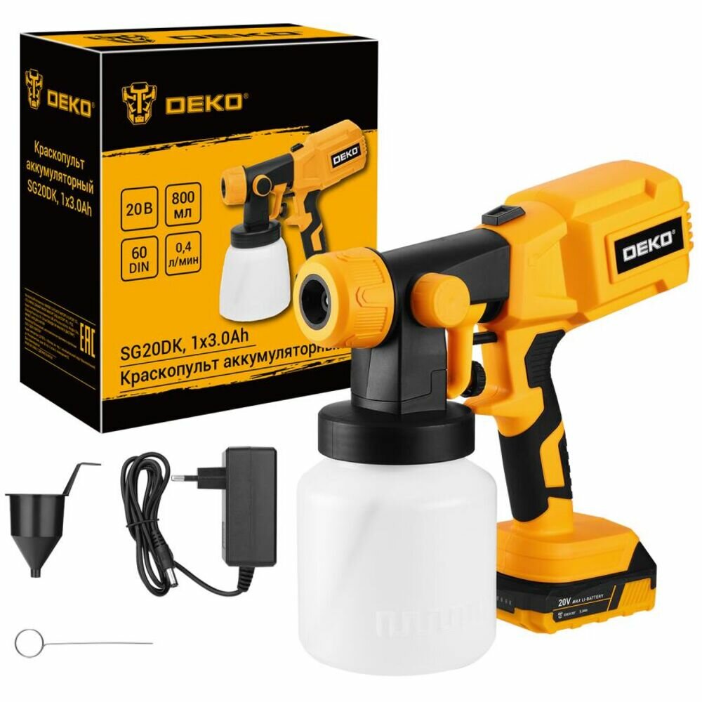 Аккумуляторный краскопульт Deko SG20DK, 20В, 800 мл, 1x3.0Ач 083-1133