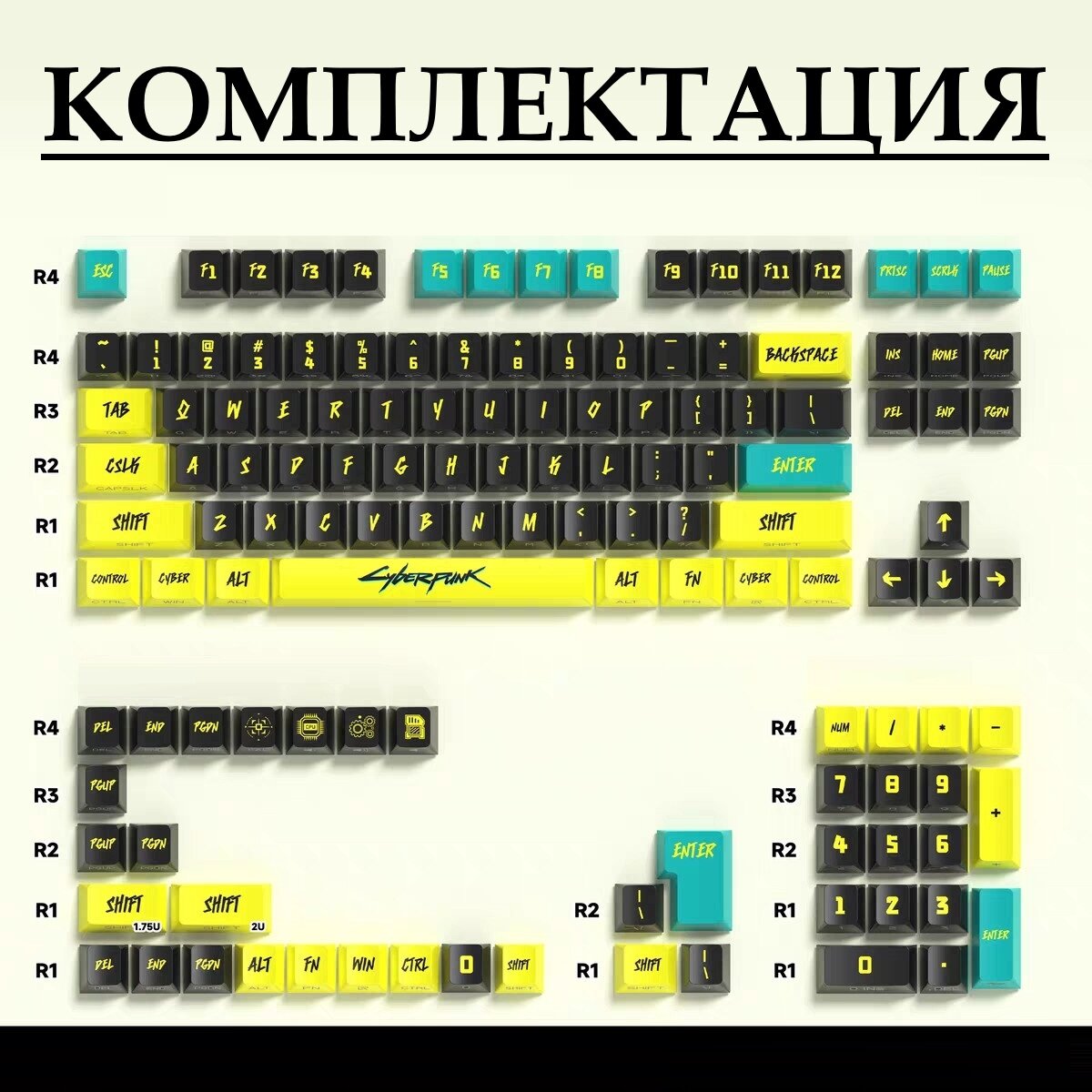 Кейкапы для механической клавиатуры CyberPunk 2077 / 129 штук в комплекте / с боковыми прозрачными буквами. — фото 1