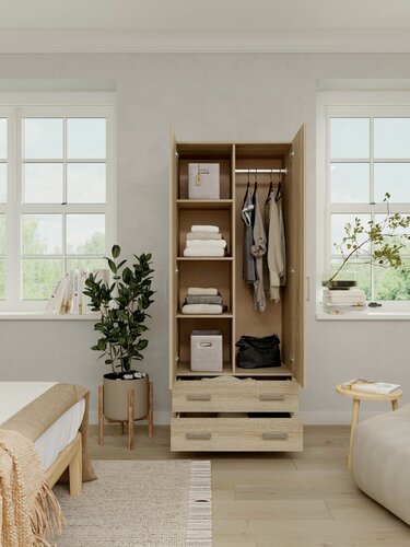 Изображение товара Шкаф для одежды РИК распашной двухстворчатый с ящиками и полками 80х48х204 см дуб сонома светлый