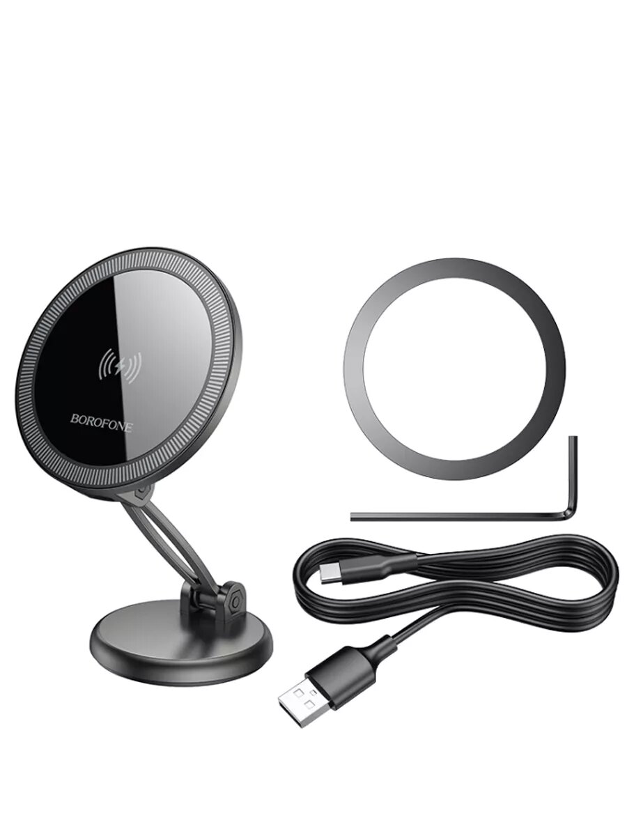 Держатель автомобильный BOROFONE Star Metal BH218, магнитный, беспроводная зарядка, серый — фото 1