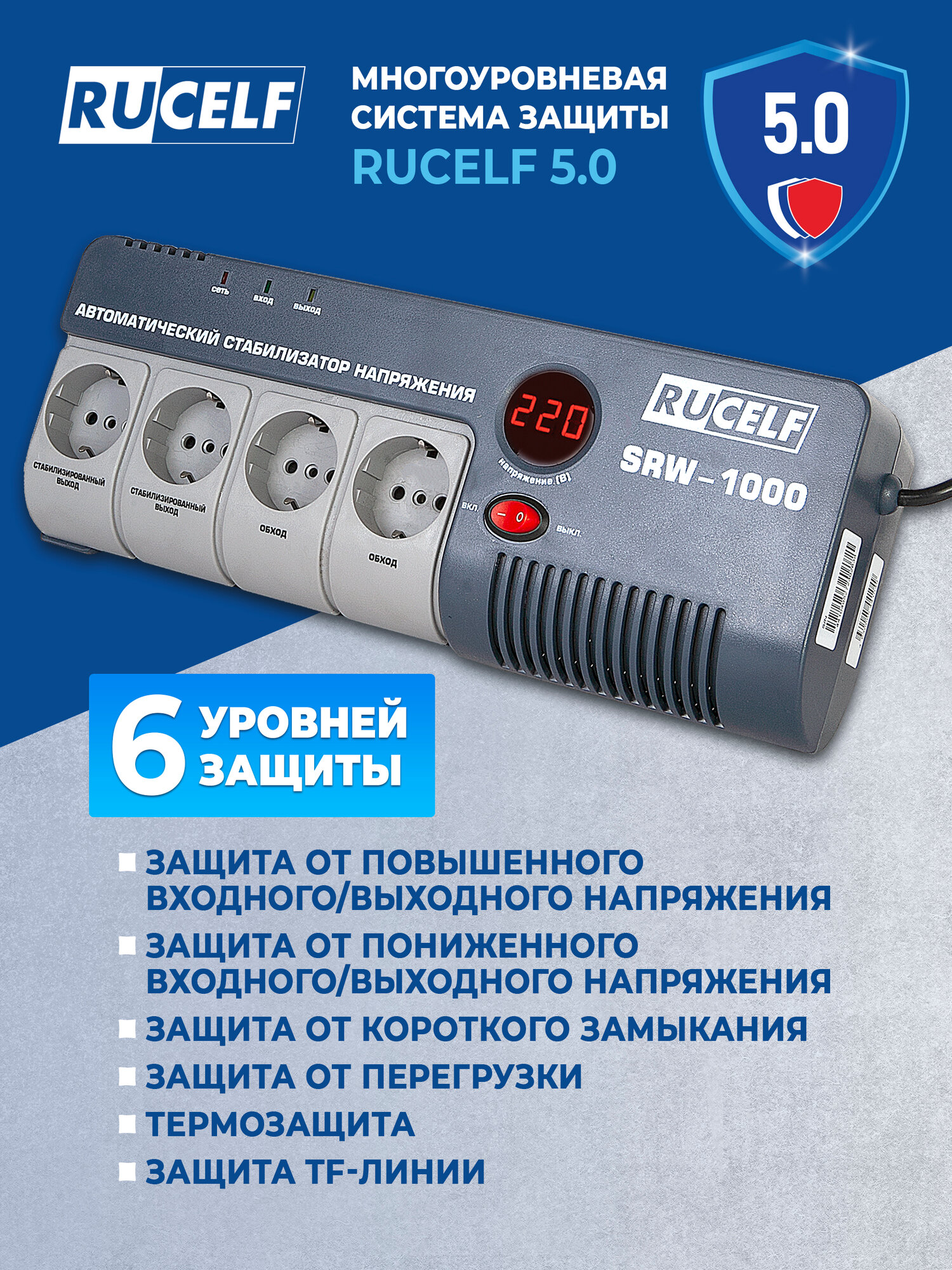Стабилизатор напряжения Rucelf SRW-1000-D 1кВА однофазный белый — фото 1