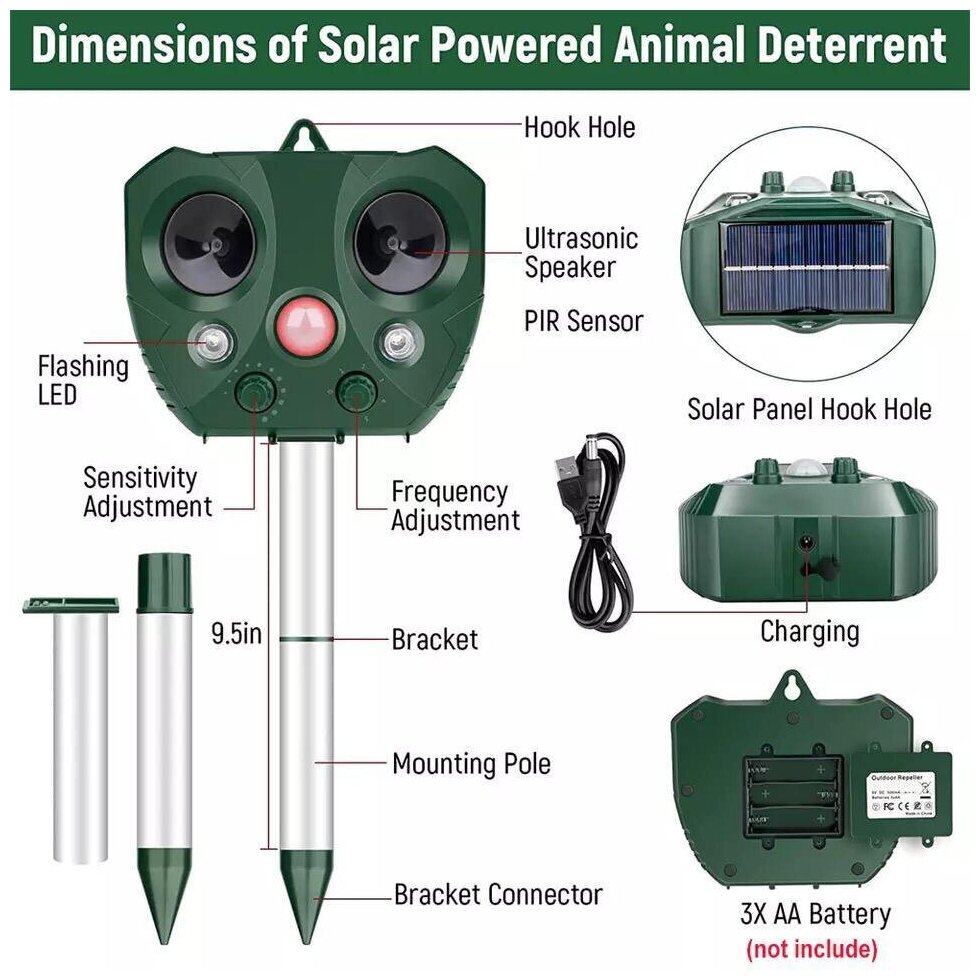Ультразвуковой отпугиватель животных, отпугиватель крыс, мышей и других грызунов, собак, кошек, птиц на солнечной батарее - фотография № 5