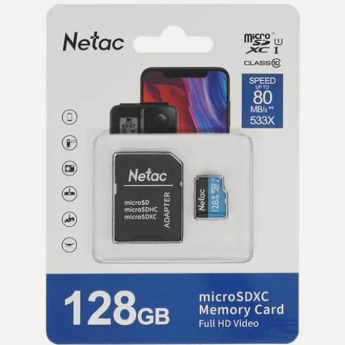 Изображение товара Карта памяти Netac P500 MicroSDXC 128Gb Class 10 UHS-I 80MB/s + ADP (NT02P500STN-128G-R)