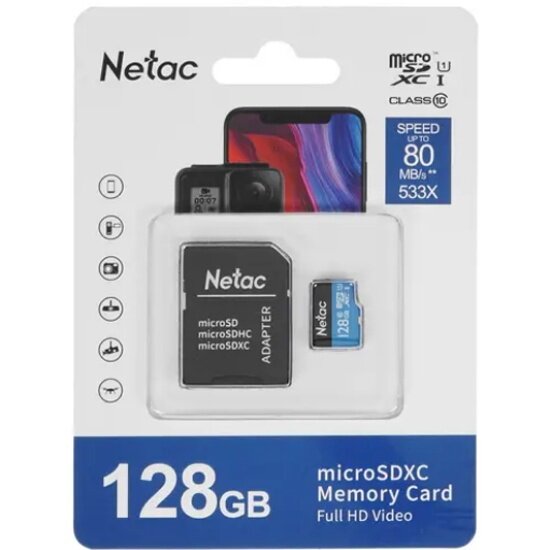 Карта памяти Netac P500 MicroSDXC 128Gb Class 10 UHS-I 80MB/s + ADP (NT02P500STN-128G-R)