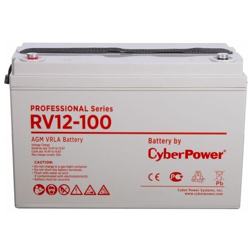 Батарея CyberPower Battery Professional series RV 12-100, voltage 12V, capacity (discharge 20 h) 102Ah, capacity (discharge 10 h) 101.3Ah, max. discharge current (5 sec) 1000A, max. charge current 29A, lead-acid type AGM, terminals under bolt M8, LxWxH 33