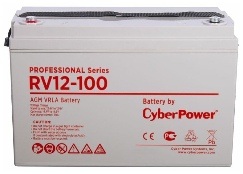 Батарея CyberPower Battery Professional series RV 12-100, voltage 12V, capacity (discharge 20 h) 102Ah, capacity (discharge 10 h) 101.3Ah, max. discharge current (5 sec) 1000A, max. charge current 29A, lead-acid type AGM, terminals under bolt M8, LxWxH 330x174x212mm., full