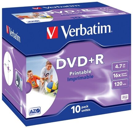 Диск DVD+R Verbatim 43508 4.7ГБ, 16x, 10 шт, Jewel Case, Printable