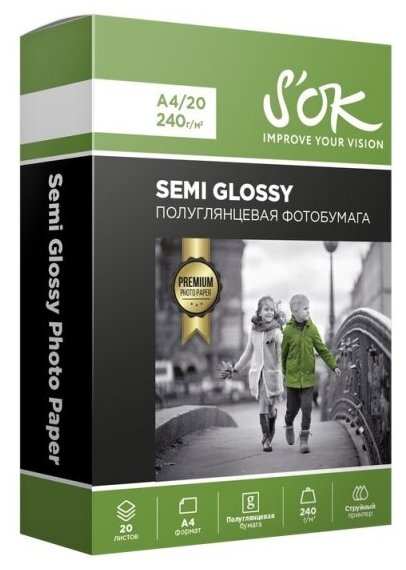 Фотобумага S’ok Premium S'OK полуглянцевая, формат А4, плотность 240г/м2, 20 листов