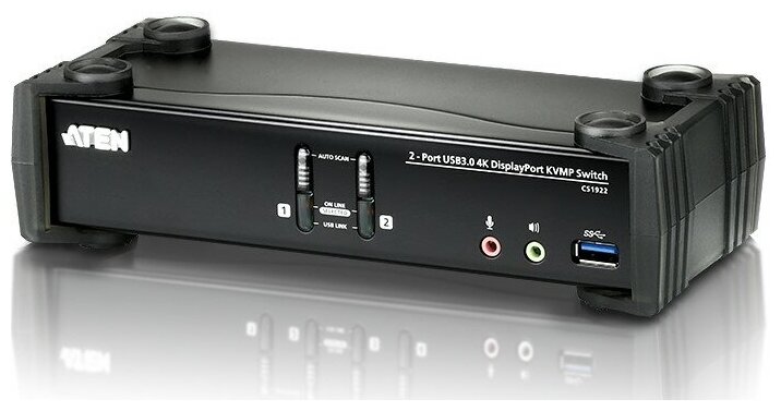 Переключатель KVM ATEN CS1922-AT-G Переключатель, электрон, KVM+Audio+USB 3.0, 1 user USB+DP => 2 cpu USB+DP, со шнурами DP 2x1.5м.+USB 2х1.8м.