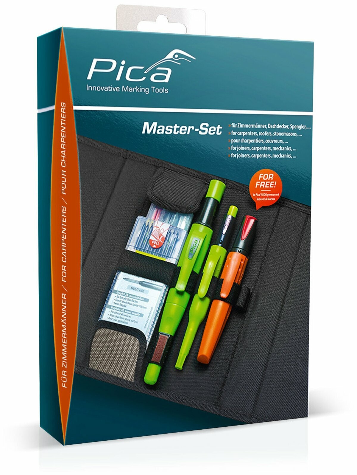 Набор карандашей и маркера для разметки Pica Carpenter для плотника Master-Set 55030 4 + 1 предмета в чехле-органайзере PICA-55030