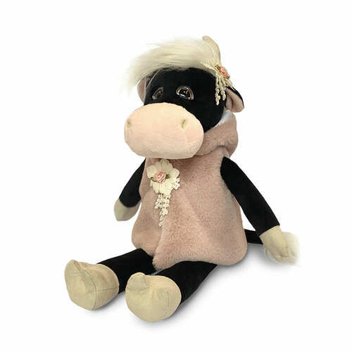 Мягкая игрушка Maxitoys Коровка Даша в меховой накидке, 30 см, черный/розовый