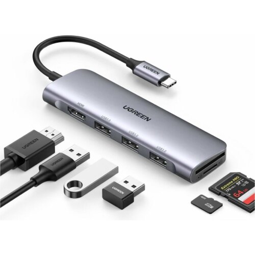 UGREEN Док-станция UGREEN CM511-20956A; Type C to HDMI +USB 3.0*3 + SD/TF, без порта для питания usb концентратор ugreen 10в1