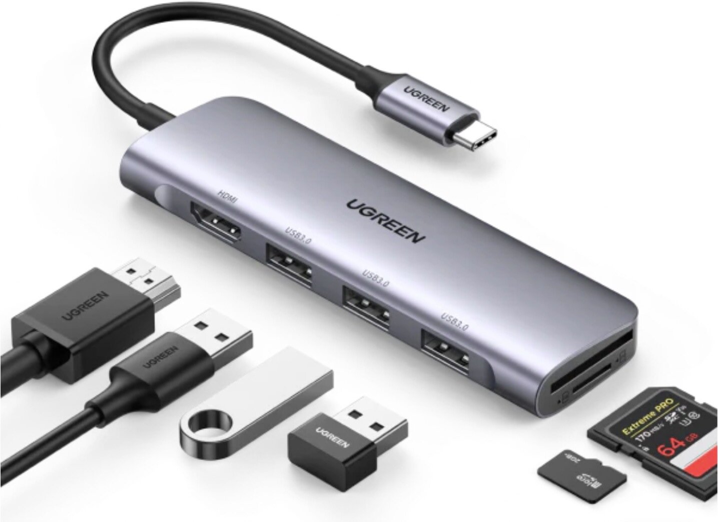 Док-станция UGREEN CM511-20956A; Type C to HDMI +USB 3.0*3 + SD/TF без порта для питания