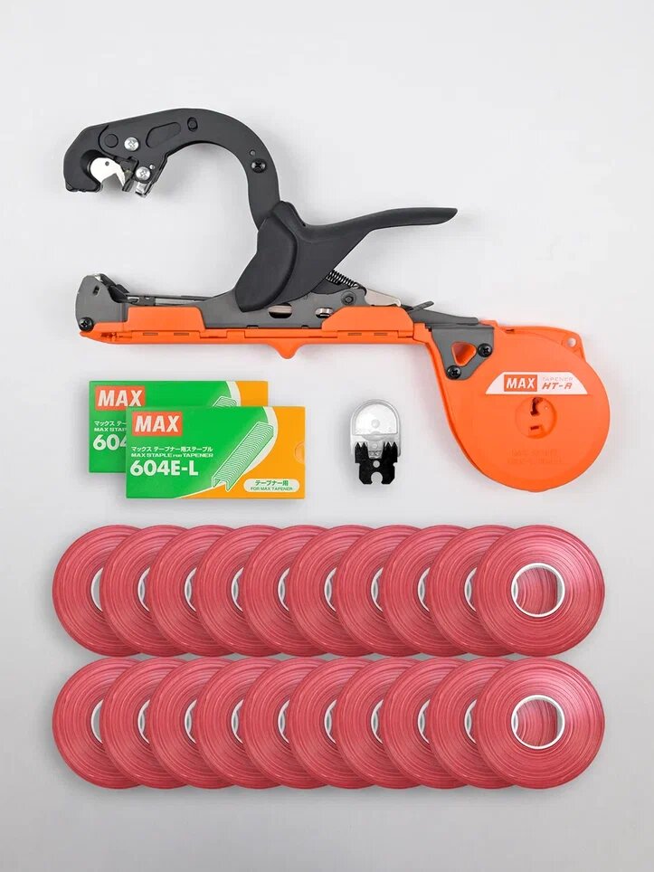 Тапенер - степлер для подвязки MAX HT-R1 + 20 красных лент + скобы MAX 604 E-L 9,600 шт + нож / Готовый комплект для подвязки - фотография № 1