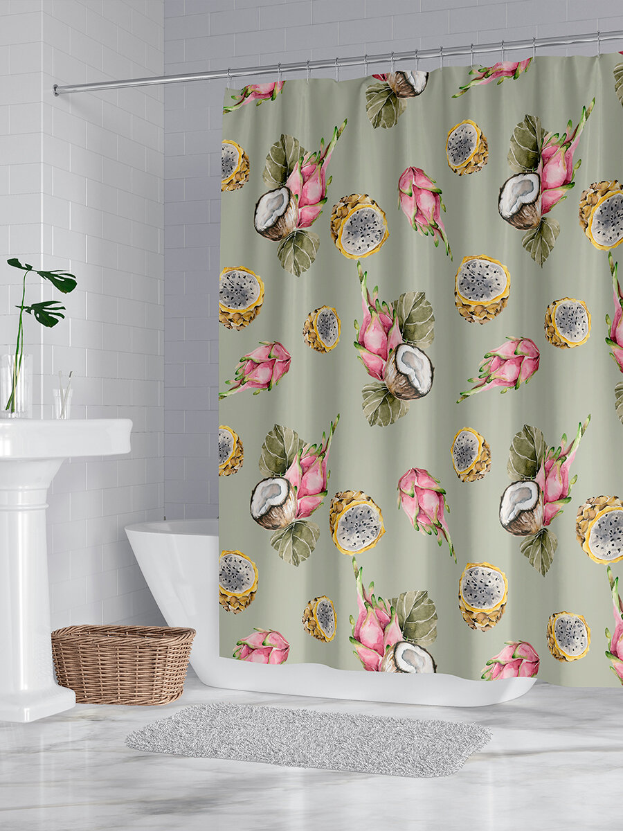 фото Штора для ванной "Красный дракон хаки", 170х200 см с кольцами