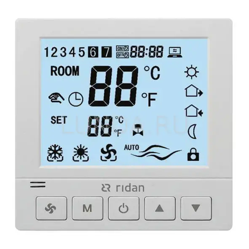 Термостат электронный комнатный Greencon-R, 230 В, +5.+35°С, 3 скорости вентилятора, RS485 Modbus, встраиваемый, Ридан 193B0942R