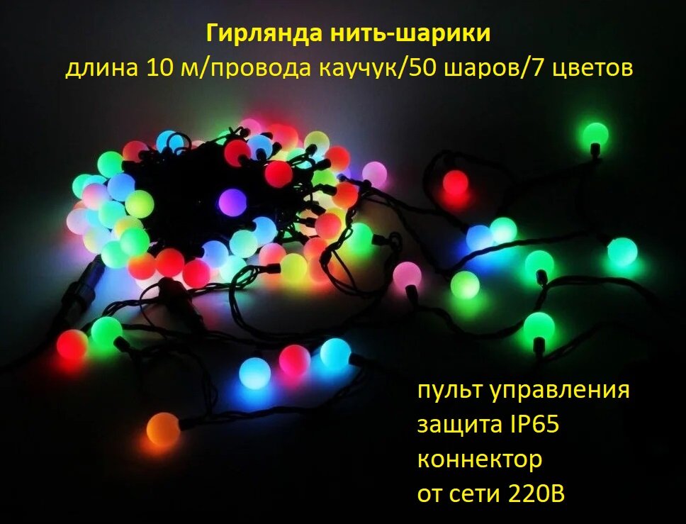 Гирлянда светодиодная нить-шарики ø25 см: цвет мультиколор/10м/50 шариков/пульт ДУ/провод каучук/защита IP65.