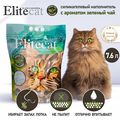 наполнитель n1 crystals green tea силикагель new 12 5л Наполнитель для кошачьего туалета впитывающий ELITECAT Chrysolite Crystal Green Tea с ароматом зеленого чая, силикагель, 7.6л