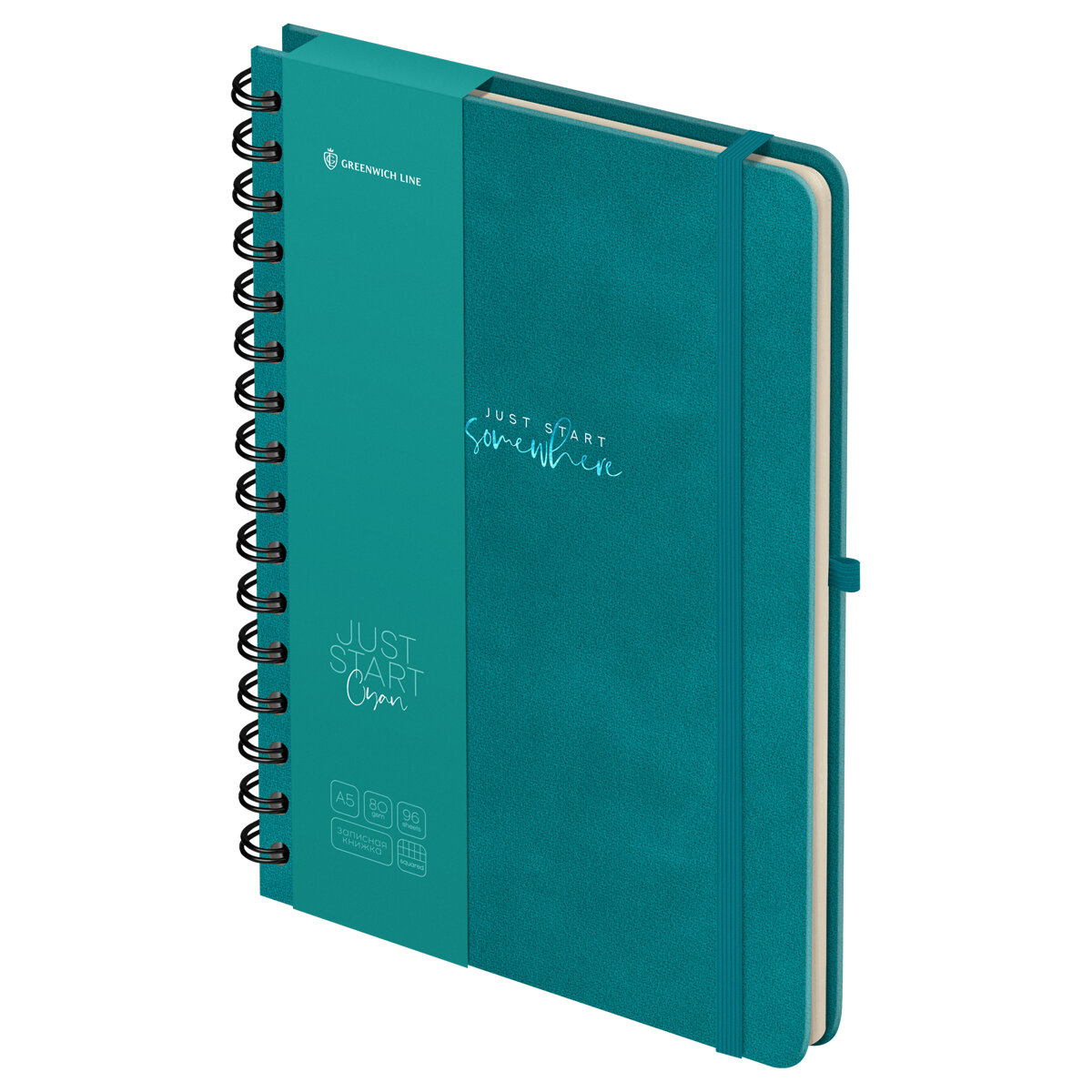 фото Записная книжка А5 96л, кожзам, на гребне, Greenwich Line "Just start. Cyan", твердая обложка, тиснение фольгой, с петлей для ручки