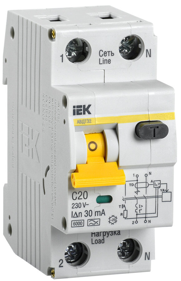 Дифференциальный автоматический выключатель (АВДТ) IEK 2-полюсный (1P+N) 20А хар. C 30мА тип A 6кА АВДТ32 (2 модуля)
