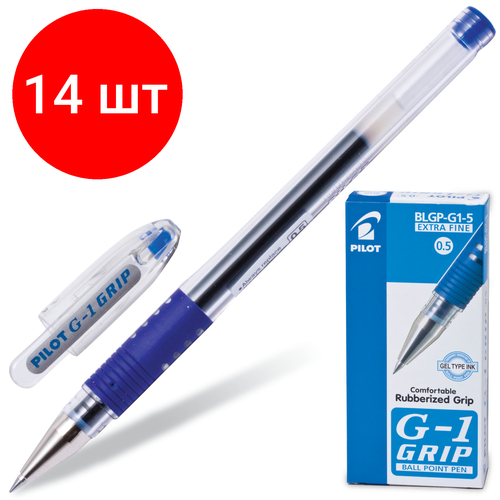 Комплект 14 шт, Ручка гелевая с грипом PILOT G-1 Grip, синяя, корпус прозрачный, узел 0.5 мм, линия письма 0.3 мм, BLGP-G1-5 набор 2 штуки ручка гелевая с грипом pilot g 1 grip черная корпус прозрачный узел 0 5 мм линия письма 0 3 мм