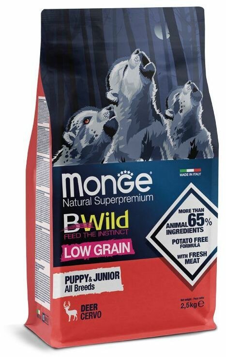 Monge Dog BWild LOW GRAIN Puppy & Junior низкозерновой корм из мяса оленя для щенков всех пород 2,5к