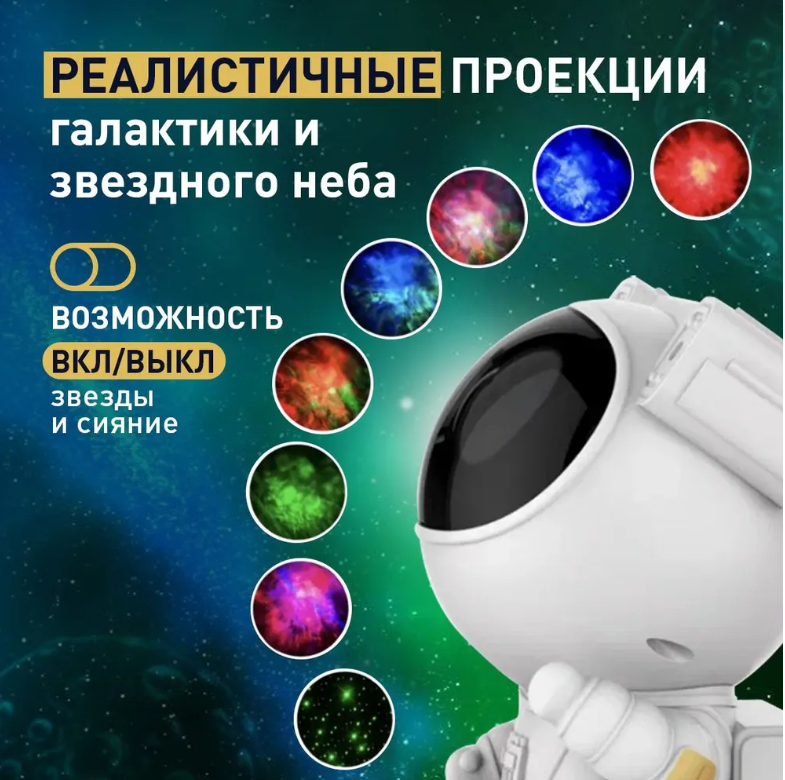Светильник детский астронавт с пультом /ночник детский космонавт / настольная лампа для новорожденных/ проектор звездного неба/белый