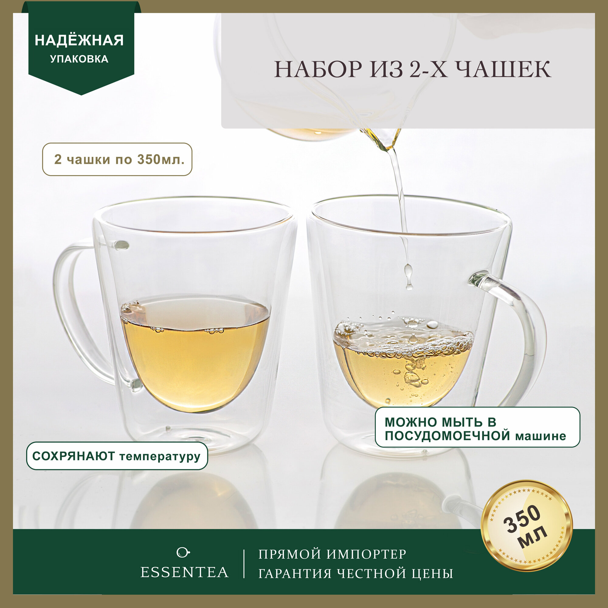 фото Essentea / Набор чашек (кружек) по 350 мл из боросиликатного стекла с двойными стенками и с ручкой / кружка из двойного стекла, упаковка из 2 шт