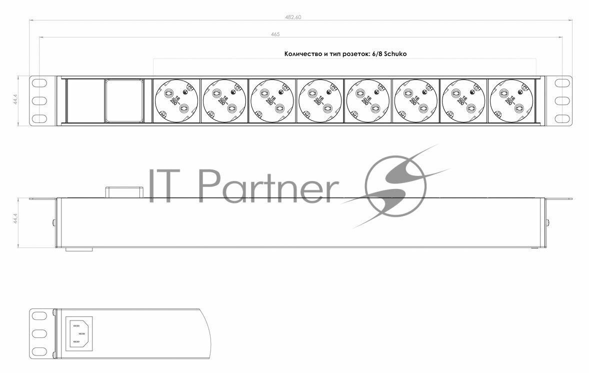 Schuko Блок розеток 19 250В 1U 10А 8 розеток с выключателем разъем IEC 60320 C14 алюминиевый корпус Hyperline - фото №19