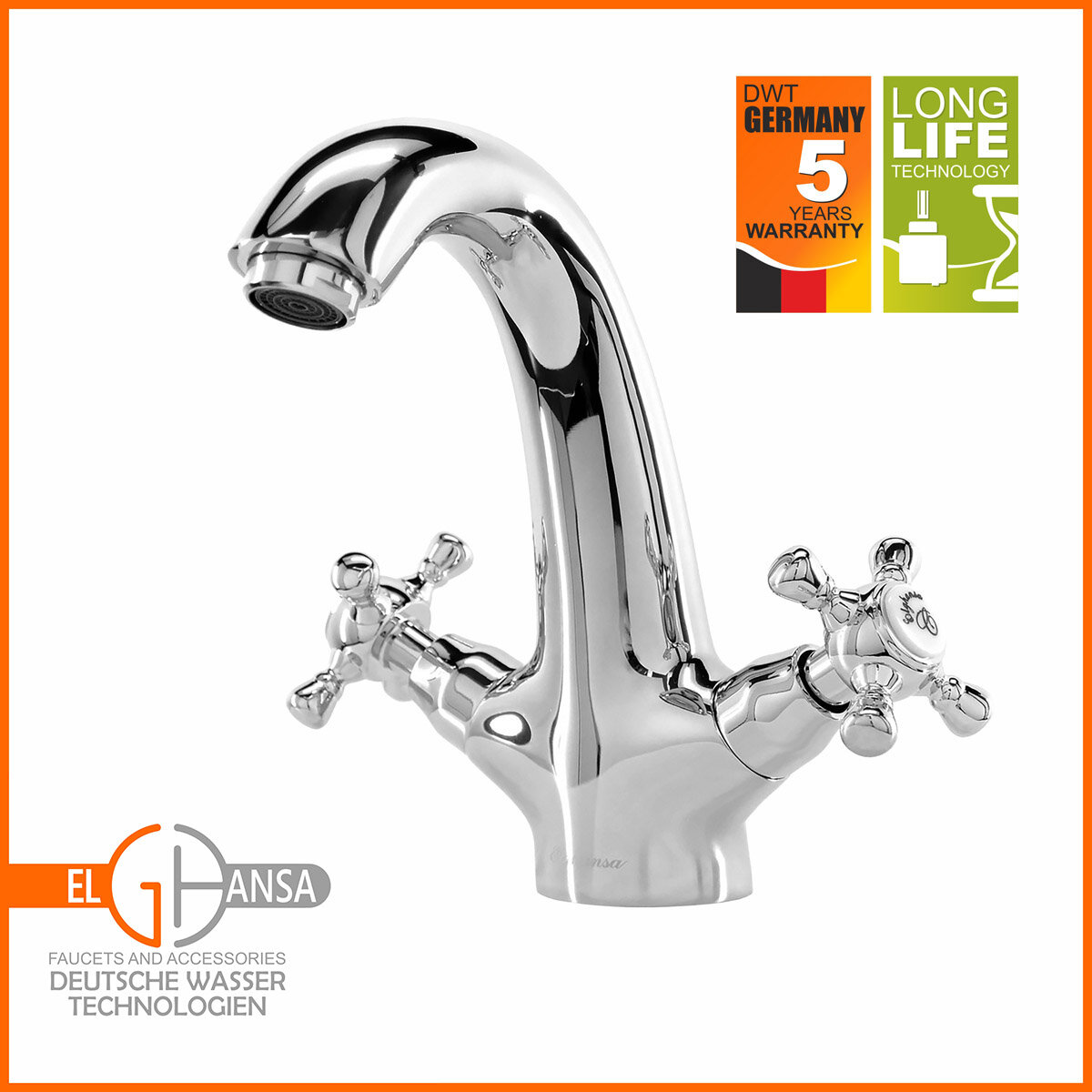 Смеситель для раковины (умывальника) латунный, двухвентильный Elghansa 1930063, цвет хром