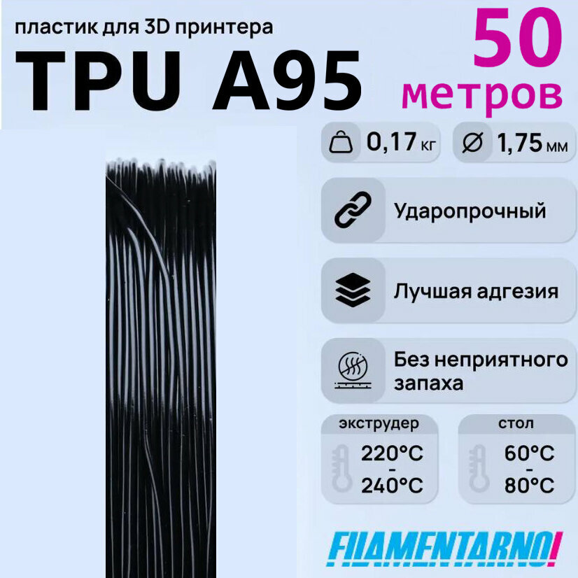 TPU A95 черный моток 50 м, 1,75 мм, пластик Filamentarno для 3D-принтера