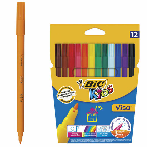 Фломастеры BIC Kids Visa, 12 цветов, суперсмываемые, вентилируемый колпачок, европодвес, 889695, 888695 упаковка 3 шт.