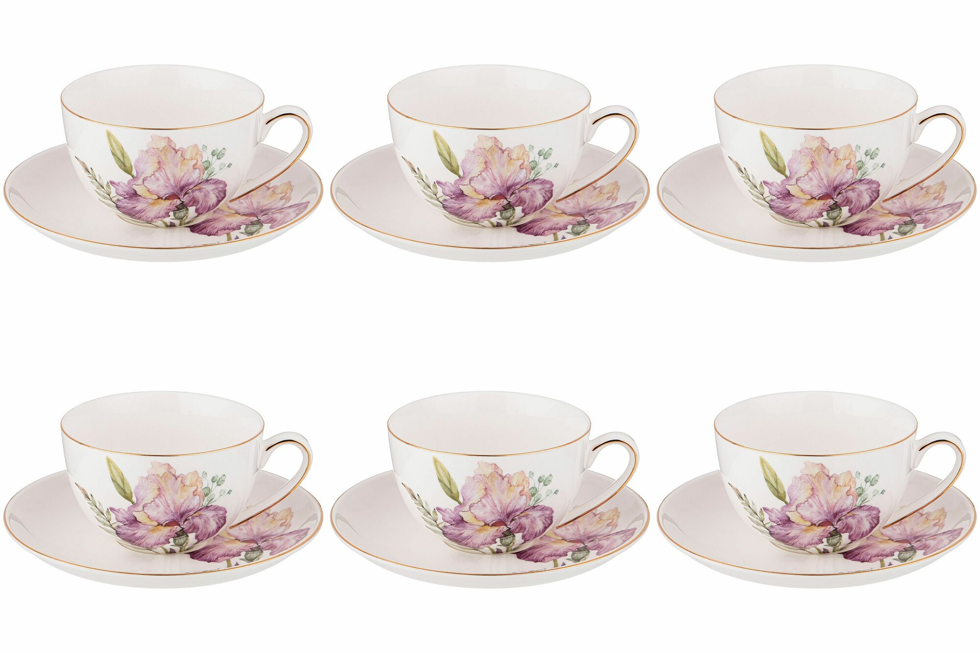 Чайный набор посуды на 6 персон 280 мл Lefard Irises 12 Предметов, 6 чашек и Блюдец, подарочный фарфор / кружки для чая и кофе