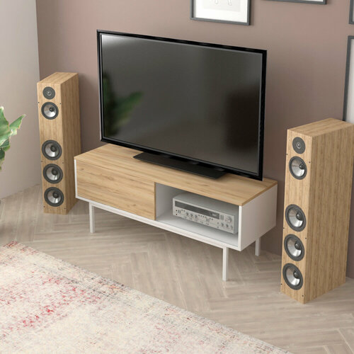 Тумба под ТВ полка под телевизор SKANDIWOOD Chicago напольная на ножках в скандинавском стиле 110x35x45 см коричневыйбелый 6990₽