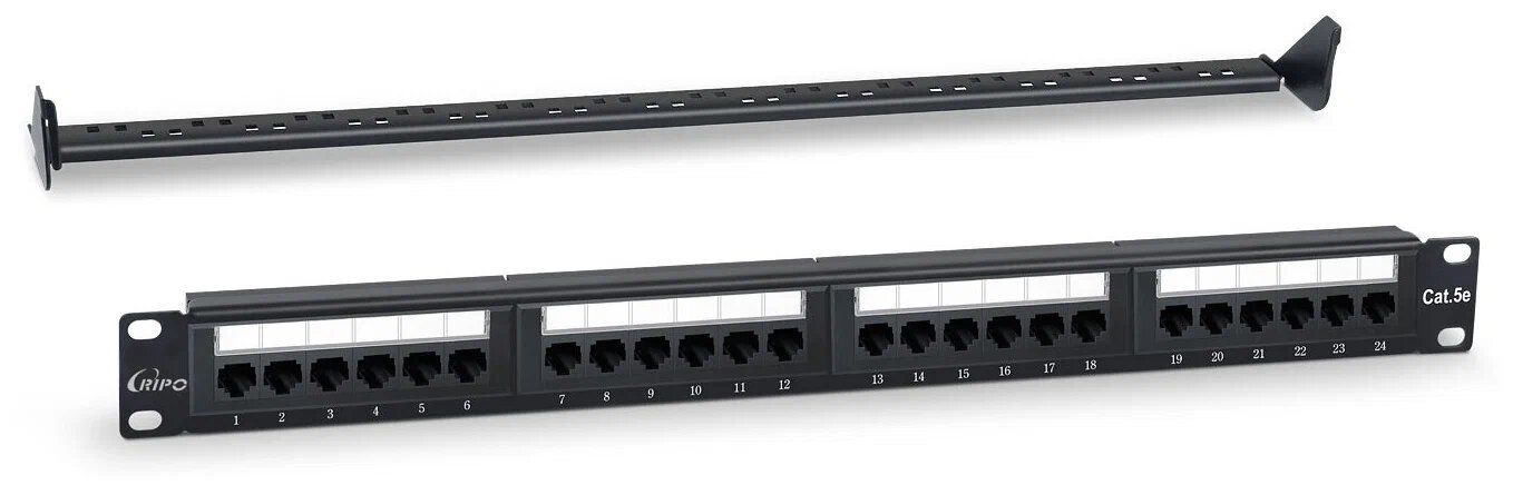 Патч-панель Ripo 19",1U, 24 порта, Cat.5е (КлассD), 100МГц, RJ45/8P8C, Dual IDC, с организатором 003-100042