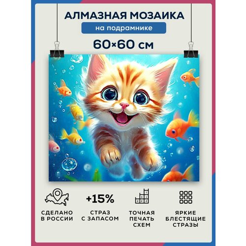 Алмазная мозаика 60x60 Котенок под водой на подрамнике